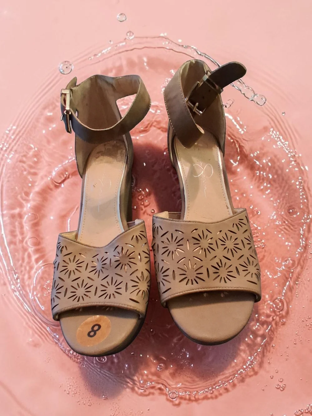 Jessica Simpson tan wedge sandal laser-cut pattern ankle strap Women's Shoe Sz 8